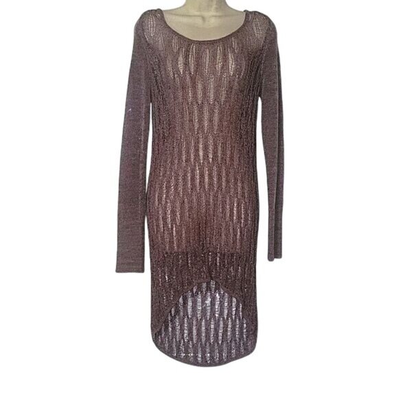 Simply Vera Vera Wang Sheer‎ Knit Long Sleeve High-Low Tunic Top M Brown - Picture 1 of 6